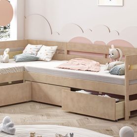 Twin Size L-Shaped Platform Bed With Three Storage Drawers