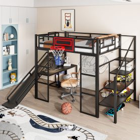 Full Size Metal Loft Bed with Built-in Desk, Open Wardrobe, Basketball hoop, Slide and Staircase