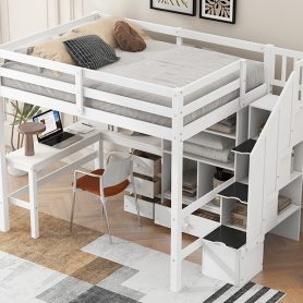 Full Size Loft Bed with L-Shaped Desk and Drawers, Cabinet and Storage Staircase