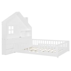 Full Size House Bed With Window, Bedside Drawers, Shelves And A Set Of Sockets And USB Port