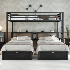 Full Xl Over Twin & Twin Triple Bunk Bed With Drawers, Shelving & USB
