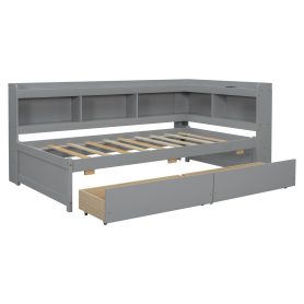 Twin Size L-Shaped Bookcases Bed with Power Outlets, USB Charging Ports, Two Drawers 38 Twin Size L-Shaped Bookcases Bed with Power Outlets, USB Charging Ports, Two Drawers