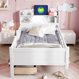 Wood Twin Size Platform Bed With Built-in Led Light, Multi-functional Headboard, Guardrail And 2 Drawers 30 Wood Twin Size Platform Bed With Built-in Led Light, Multi-functional Headboard, Guardrail And 2 Drawers
