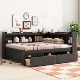 Full Size L-Shaped Bookcases Bed With Power Outlets, USB Charging Ports, Two Drawers