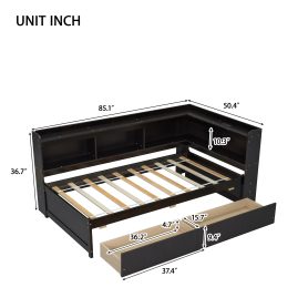 Twin Size L-shaped Bookcases Bed with Power Outlets, USB Charging Ports,Two Drawers