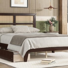 Full Size Platfrom Bed with Rattan Headboard, Two Storage Drawers