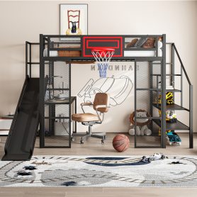 Full Size Metal Loft Bed with Built-in Desk, Open Wardrobe, Basketball hoop, Slide and Staircase
