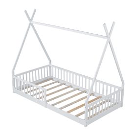 Twin Size Wood House Bed with Fence