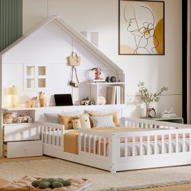 Full Size House Bed With Window, Bedside Drawers, Shelves And A Set Of Sockets And USB Port