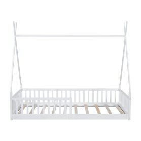 Twin Size Wood House Bed with Fence