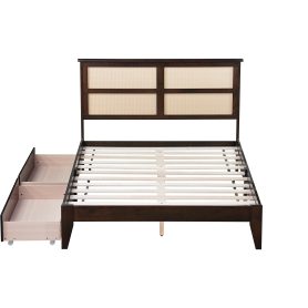 Full Size Platfrom Bed with Rattan Headboard, Two Storage Drawers