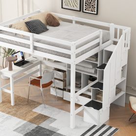 Full Size Loft Bed with L-Shaped Desk and Drawers, Cabinet and Storage Staircase