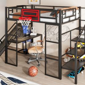 Full Size Metal Loft Bed with Built-in Desk, Open Wardrobe, Basketball hoop, Slide and Staircase
