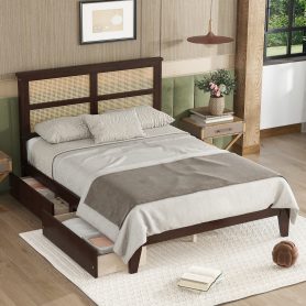 Full Size Platfrom Bed with Rattan Headboard, Two Storage Drawers