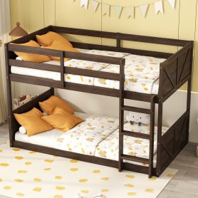 Twin over Twin Floor Bunk Bed with Panelled Headboard and Footboard