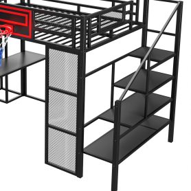 Full Size Metal Loft Bed with Built-in Desk, Open Wardrobe, Basketball hoop, Slide and Staircase