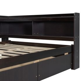 Full Size L-Shaped Bookcases Bed With Power Outlets, USB Charging Ports, Two Drawers