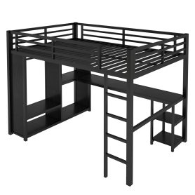 Metal Full Size Loft Bed Frame With Built-in Wardrobe, Desk And Storage Shelves