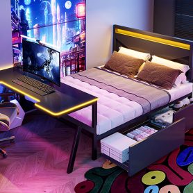 Full Size Metal Gaming Platform Bed with LED Headboard, LED Desk, USB and Two Storage Drawers