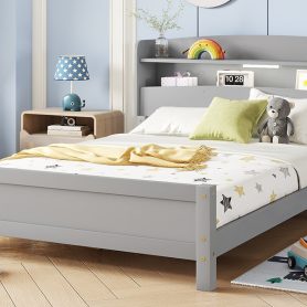 Full Pine Wood Bed with Bookcase Headboard ,LED Motion Sensor Light, Bed Guardrails