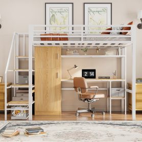 Metal Twin Loft Bed With Desk, Shelf, Wardrobe and Storage Staircase