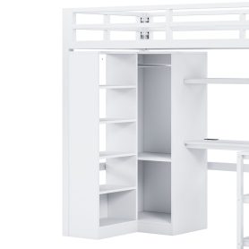 Metal Twin Loft Bed With Desk, Usb Ports, 5-layer Shelf,  Wardrobe And Stepped Stairs