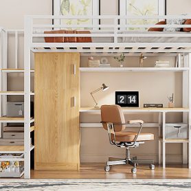 Metal Twin Loft Bed With Desk, Shelf, Wardrobe and Storage Staircase