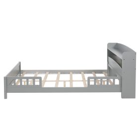 Full Pine Wood Bed with Bookcase Headboard ,LED Motion Sensor Light, Bed Guardrails