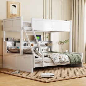 Twin XL over Queen Bunk Bed with Storage Cabinets and USB Ports
