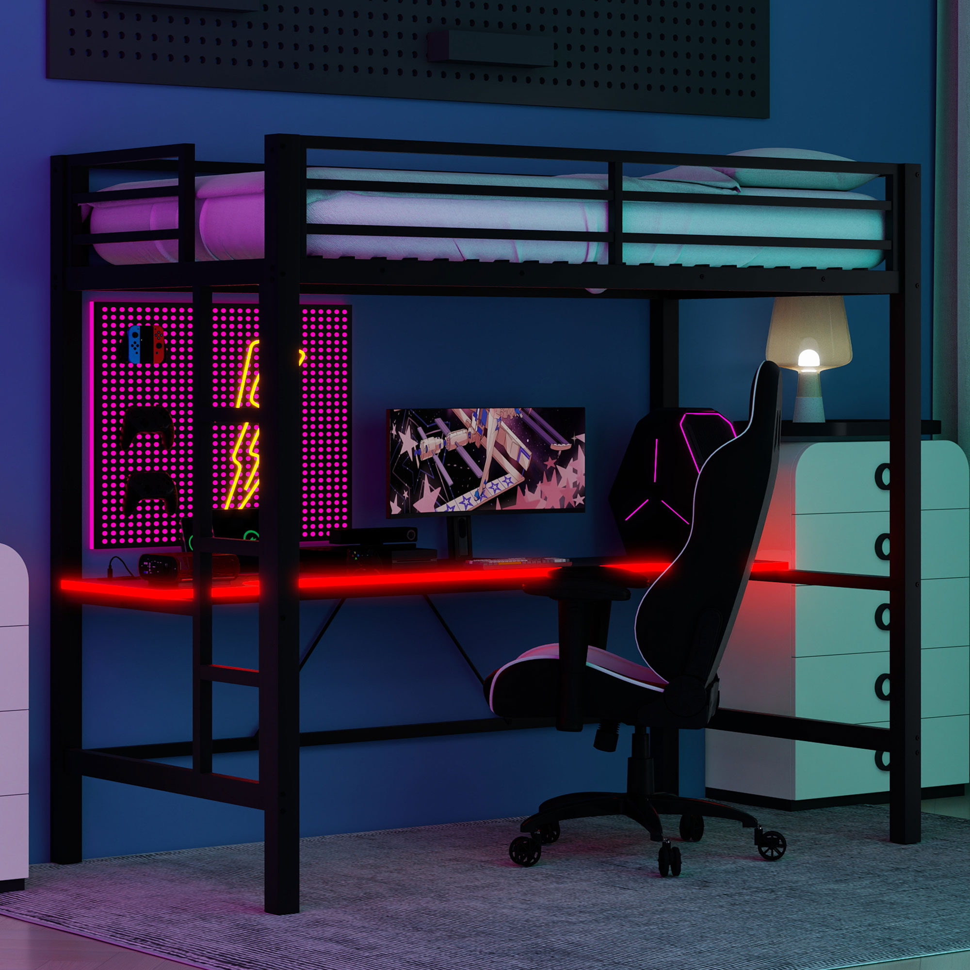 Twin Size Gaming Metal Loft Bed Frame with LED Light and Desk