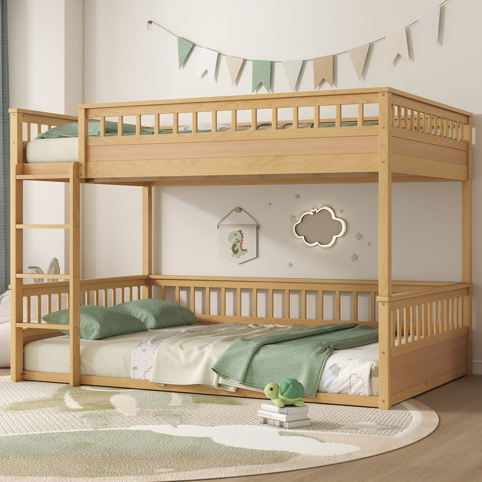 Wooden Queen Over Queen Bunk Bed With Ladder And Guardrails