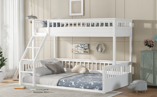 Wooden Twin XL over Queen Bunk Bed with Ladder and Guardrails