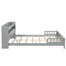 Full Pine Wood Bed with Bookcase Headboard ,LED Motion Sensor Light, Bed Guardrails