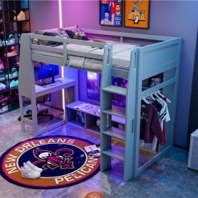 Wood Twin Size Gaming Loft Bed with Desk, Multi-storage Shelves, LED and a Hanging Clothes Rack