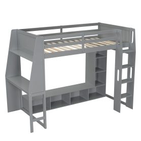 Wood Twin Size Gaming Loft Bed with Desk, Multi-storage Shelves, LED and a Hanging Clothes Rack