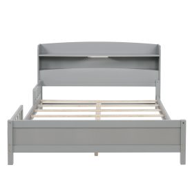 Full Pine Wood Bed with Bookcase Headboard ,LED Motion Sensor Light, Bed Guardrails