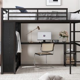 Metal Full Size Loft Bed Frame With Built-in Wardrobe, Desk And Storage Shelves