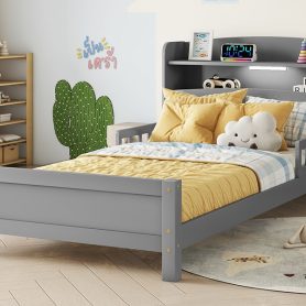 Twin Pine Wood Bed With Bookcase Headboard , LED Light and Guardrails