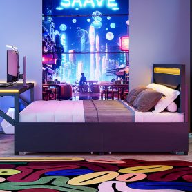 Full Size Metal Gaming Platform Bed with LED Headboard, LED Desk, USB and Two Storage Drawers