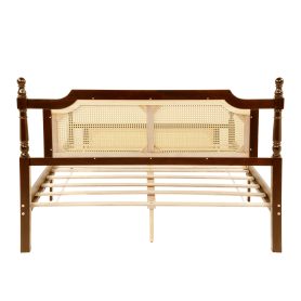 Queen Pine Wooden Bed With Rattan Headboard And Footboard, With Central Enhanced Bed Platform 34 Queen Pine Wooden Bed With Rattan Headboard And Footboard, With Central Enhanced Bed Platform