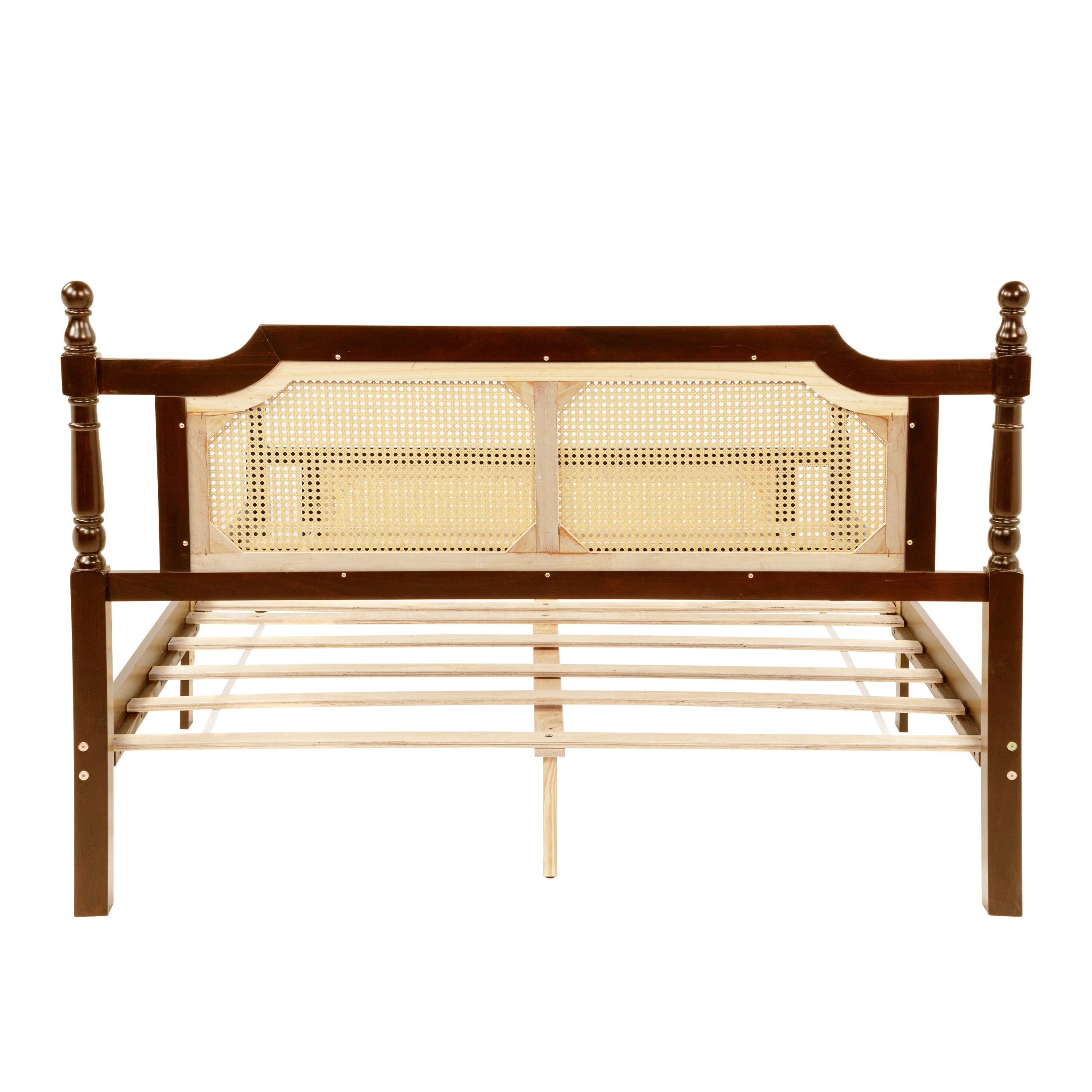 Queen Pine Wooden Bed With Rattan Headboard And Footboard, With Central Enhanced Bed Platform 18 Queen Pine Wooden Bed With Rattan Headboard And Footboard, With Central Enhanced Bed Platform