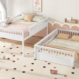 Wooden Queen Over Queen Bunk Bed With Ladder And Guardrails