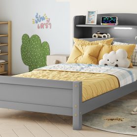 Twin Pine Wood Bed With Bookcase Headboard , LED Light and Guardrails