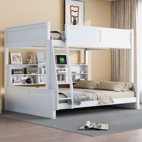 Full XL over Queen Bunk Bed with Storage Cabinets and USB Ports