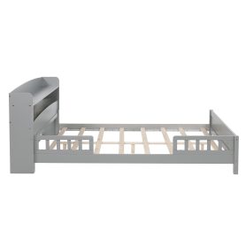 Full Pine Wood Bed with Bookcase Headboard ,LED Motion Sensor Light, Bed Guardrails