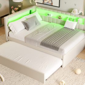 Upholstered Full Size Platform Bed with USB Ports, LED Belt and Trundle