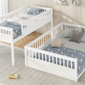 Wooden Twin XL over Queen Bunk Bed with Ladder and Guardrails