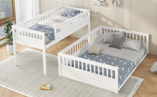 Wooden Twin XL over Queen Bunk Bed with Ladder and Guardrails