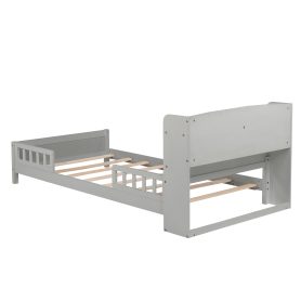 Twin Pine Wood Bed With Bookcase Headboard , LED Light and Guardrails