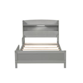 Twin Pine Wood Bed With Bookcase Headboard , LED Light and Guardrails